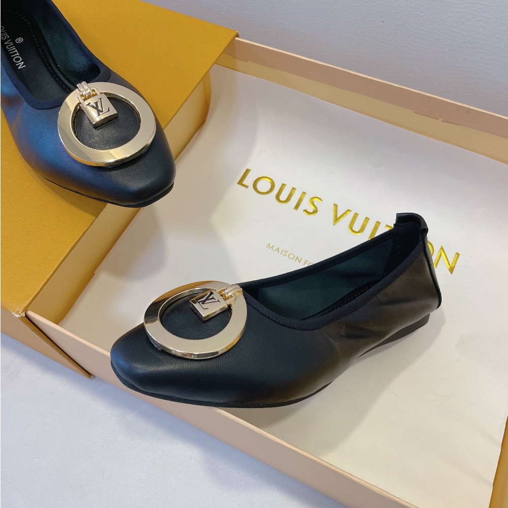 Women’s Louis Vuitton Ballet Flats | Black Leather Gold Lock Hardware - Picture 4 of 6